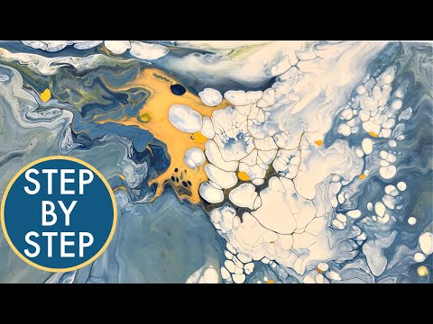 Abstract Acrylic Fluid Art Painting Technique - Pour Painting With Blue, White, Yellow and Gold