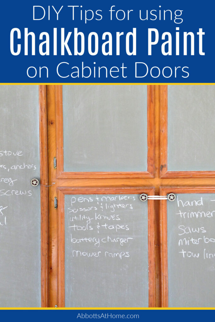 Can you use Chalkboard Paint on Cabinet Doors? Painting cabinets with DIY Chalkboard Paint looks great & It's a fun way to organize & label what's inside the cabinet! Or, you can use it to make a pretty chalkboard calendar, weekly menu, or family schedule and to do list.