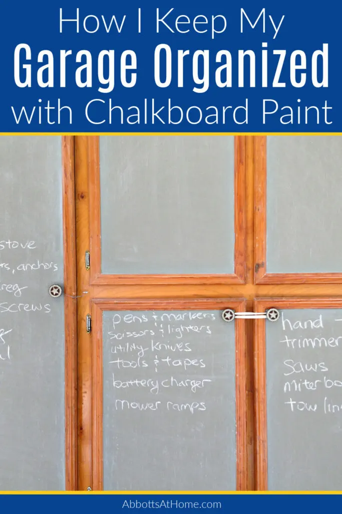 Try this idea for organizing your garage storage. If you have cabinets, you can use chalkboard paint on cabinet doors to make them look better and to label the cabinets. This can help to keep track of what goes where and make it easier to find things. Make your own chalkboard paint in any color with this tutorial.