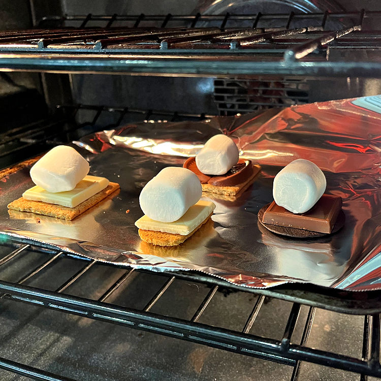 Image shows how to make Smores at home without a fire, in an oven set to broil.