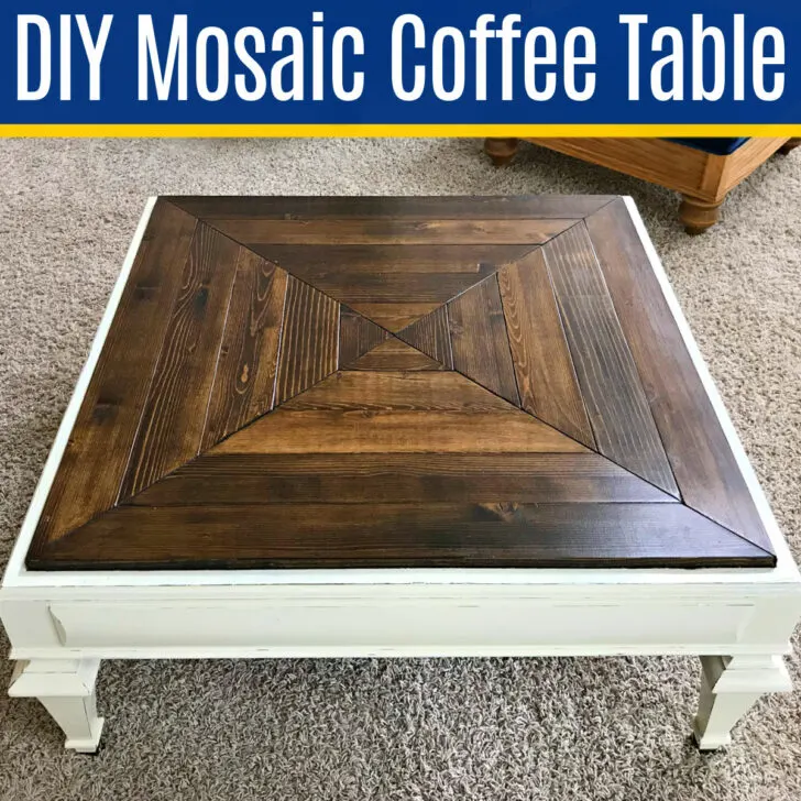 Image of a diy coffee table makeover with text that says "DIY Mosaic Coffee Table Top Makeover ideas.