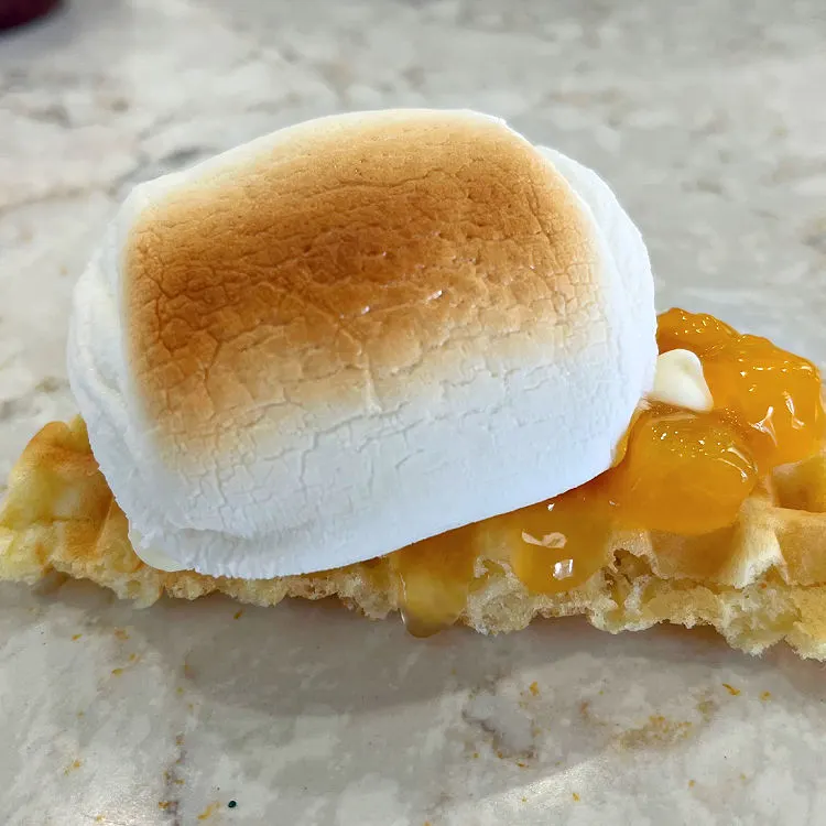 Image of peach pie filling on a Smores waffle.