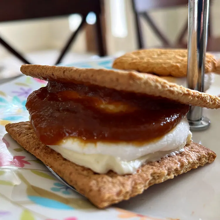 Pumpkin Butter, white chocolate, and cinnamon graham cracker with marshmallow to make Pumpkin Spice Smores.