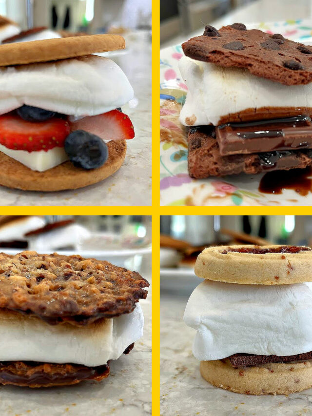 Image shows 4 ways to make tasty, yummy variations of Smores. For a post about how to make Smores at home.