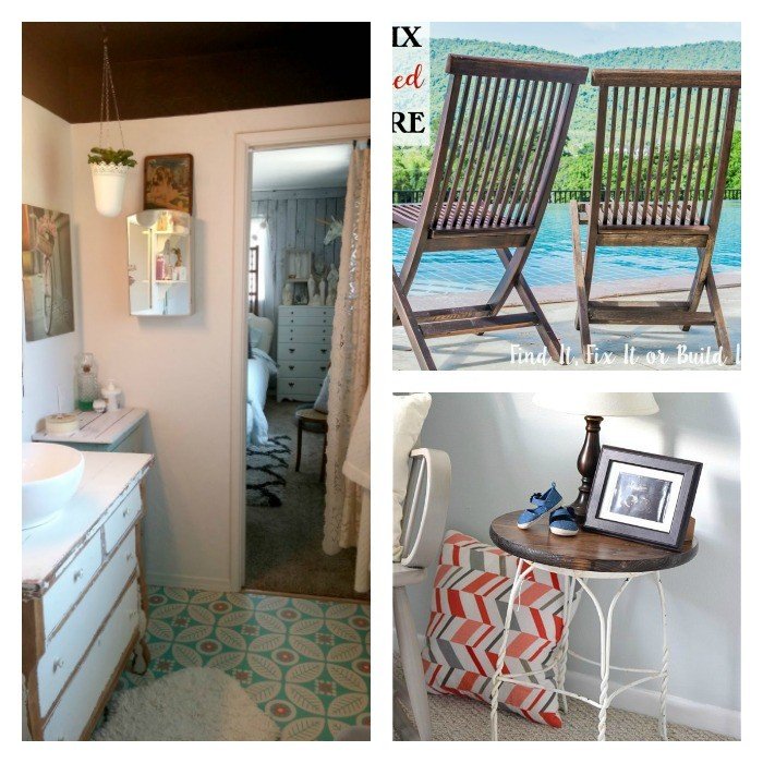 This weeks features include a fun, eclectic vintage bathroom remodel, restoring sun-damaged chairs, and turning a stool into a side table. Check out these features and lots more posts from some great bloggers.