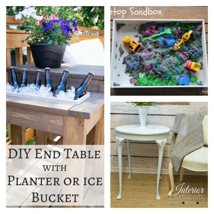 This weeks features include a DIY Backyard End Table with Built-in Cooler, a tabletop sandbox, and a furniture remodel by the Interior Frugalista. Check out these features and lots more posts from some great bloggers.