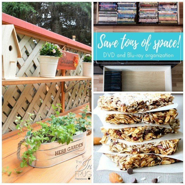 A no-bake Oat Almond Bar, DIY Potting Bench, and how to store DVD's are this weeks features at Link Party 45