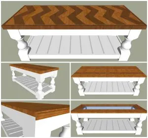 5 optional tops for this chunky leg bench / coffee table frame. Want to know how to build a Modern Farmhouse Bench or Coffee Table? I've got an easy to build and gorgeous tutorial for you. Printable Plans available. #AbbottsAtHome #CoffeeTable #ChevronTable #FarmhouseFurniture #FurniturePlans