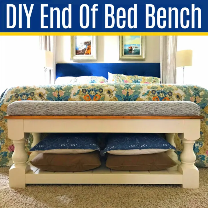 Image of a DIY End Of Bed Bench made with printable PDF build plans for woodworking. AKA a DIY Farmhouse Upholstered Bench or DIY Farmhouse Bench.