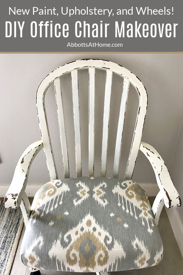 Step by step tutorial for this beautiful DIY Office Chair Makeover. Easy steps for new cushion upholstery, paint, and how to replace roller wheels on a office or desk chair. Before and after office chair makeover.