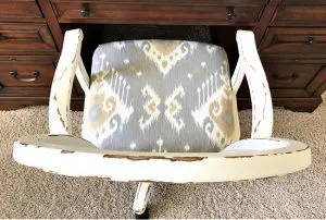 Step by step tutorial for this beautiful DIY Office Chair Makeover. Easy steps for new cushion upholstery, paint, and how to replace roller wheels on a office or desk chair. Before and after office chair makeover.