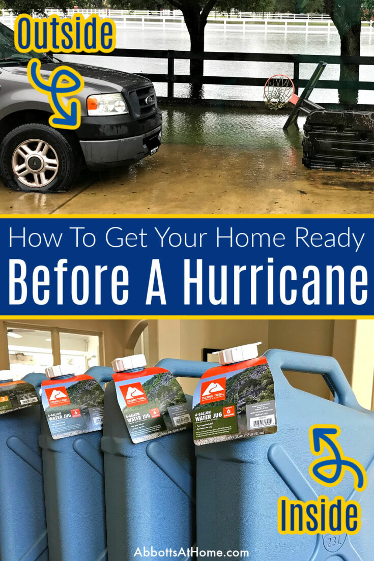 Image of Hurricane flooding outside a home and emergency water storage with a text box that says "How to prep your home for a hurricane".