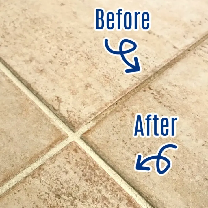 Before and after on dirty grout color changed back to white after using Polyblend Grout Renew.