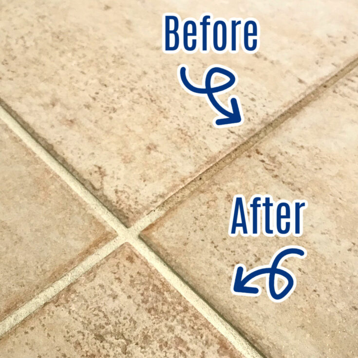 Before and after on dirty grout color changed back to white after using Polyblend Grout Renew.