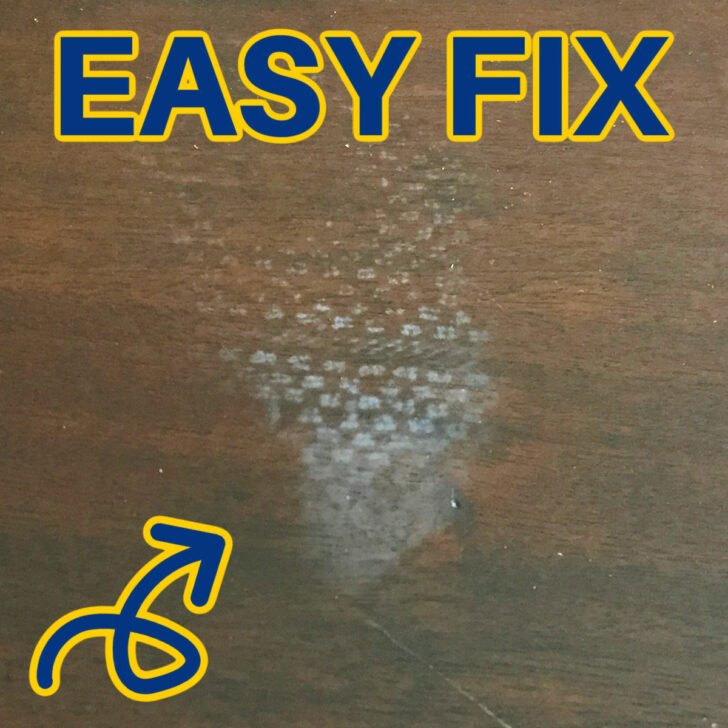 Image of a white heat stain on wood for a post about how to remove heat marks from wood furniture.