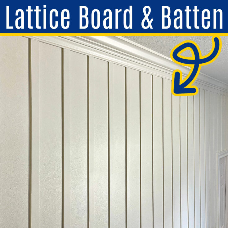 Image shows DIY Board and Batten with lattice trim and crown molding.