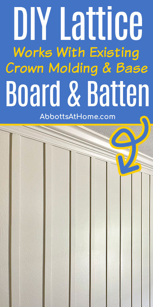 Image shows lattice moulding board and batten with crown molding in a bedroom.