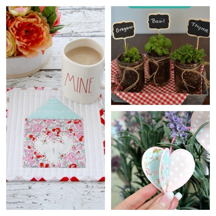This weeks features include a Quilt Mug Rug Tutorial, a DIY Mason Jar Herb Garden, and a DIY Valentine Heart Banner.