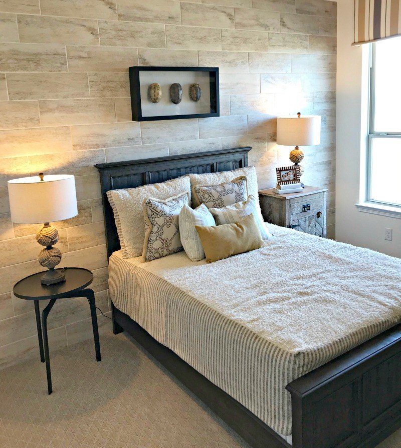 Tile Feature Wall in a Bedroom. Interior and Furniture Design Inspiration Pictures from Model Homes and Local Stores.