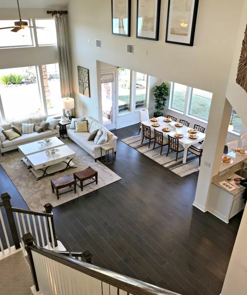 Beautiful Open Concept Living Room, Dining Room, and Kitchen. Interior and Furniture Design Inspiration Pictures from Model Homes and Local Stores.
