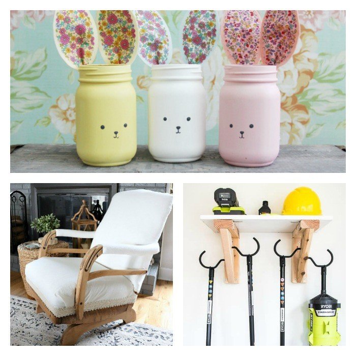 DIY a cute bunny Mason Jar, a beautiful chair makeover, or this great garden storage build.