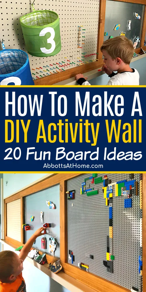 Image of a DIY Activity Wall for toddlers, kids, teens, and adults. For a post with 20 DIY activity wall ideas and steps to make a DIY activity boards for kids or a DIY busy board.