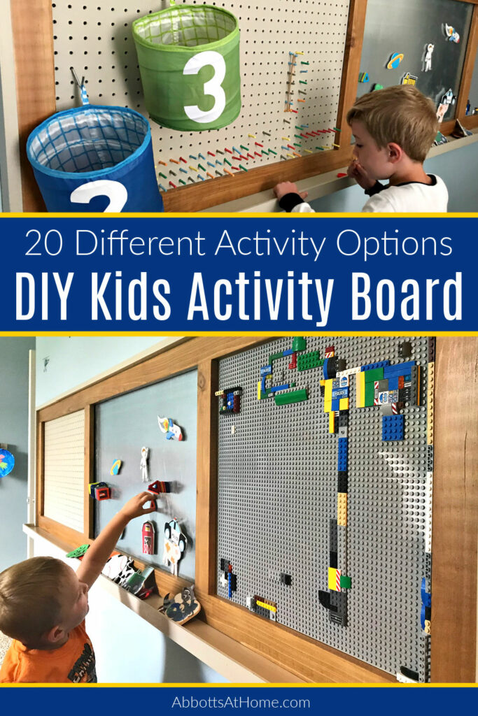 Image of kids playing at a DIY Activity Board made from wood. Text says "DIY Kids Activity Wall Board - 20 Different Activity Options".