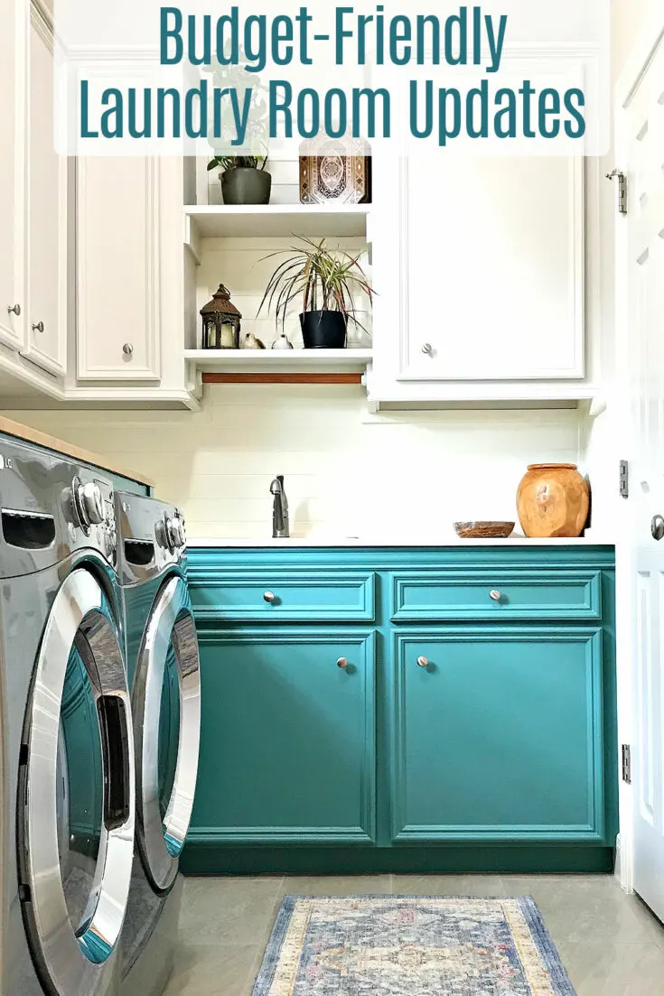 Image of a white and teal Laundry Room with text that says "Budget-friendly Laundry Room Projects".