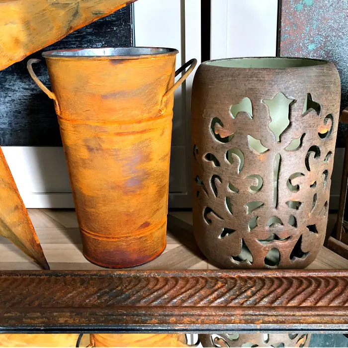 Easy DIY Rust Paint Effect to give your old Home Decor and Furniture a beautiful new look. Just paint then spray the patina, that's it! Easy DIY Home Decor Paint Makeover with metal patina paints.