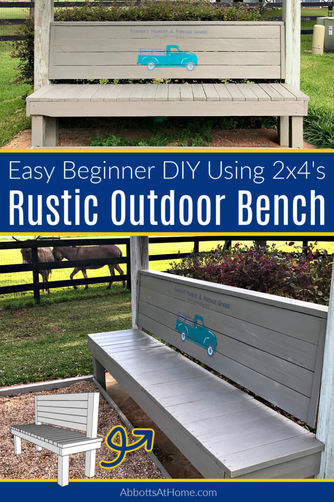 Image of a painted outdoor bench in a backyard with text that says "Easy Beginner DIY Using 2x4s - Rustic Outdoor Bench".