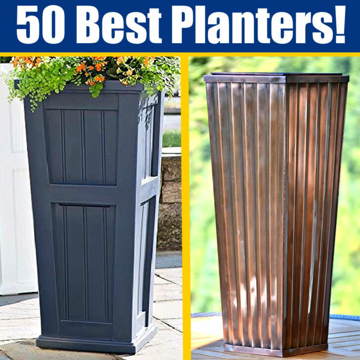 Image shows 2 examples from a list of 50 Best Buy or DIY Outdoor Planters for your front porch, patio, raised gardens, deck, and more.