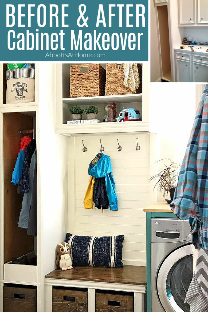 Image of the cabinets I turned into a mudroom and coat and shoe storage with a small before picture in the corner.