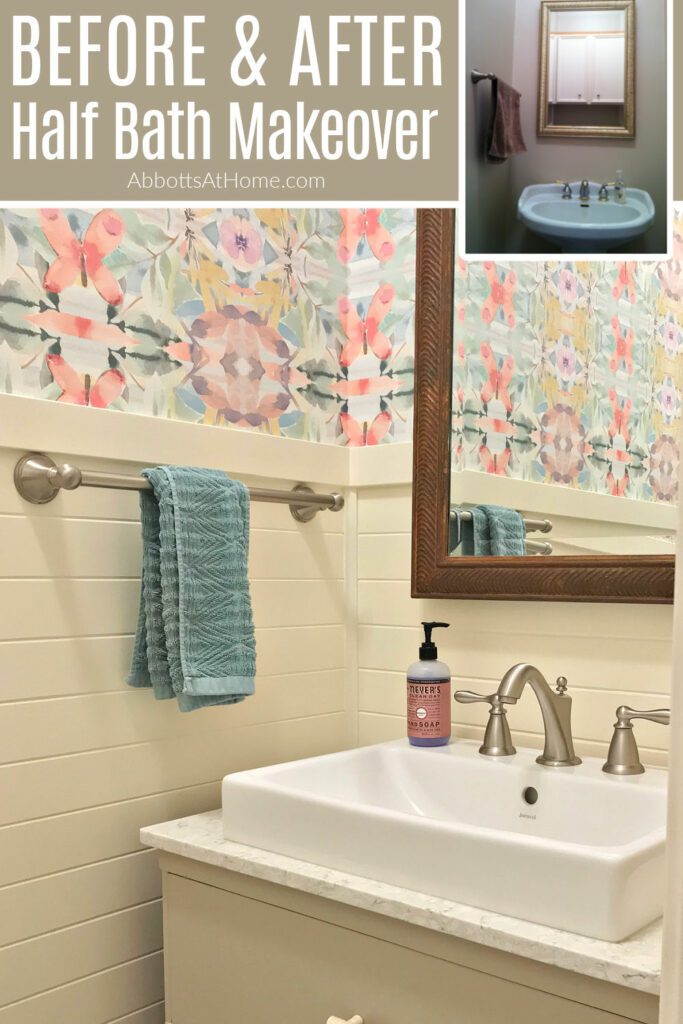 Image of a small powder room makeover with a before and after picture. The after picture has wallpaper and wainscoting in the half bath.