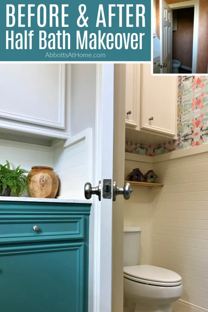 Before and after makeover picture of a small half bath in a traditional home.