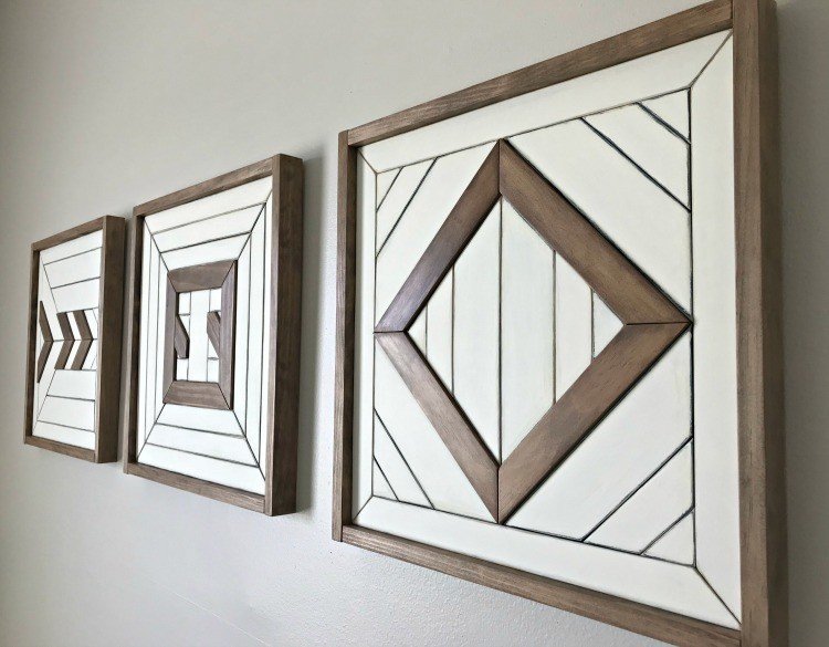 Give your Tribal, Boho, or geometric Scrap Wood Wall Art a Color Makeover with these easy steps. Plus, find out how I built this set of fun wall art with the scraps from recent builds. I love this wall art update, guys! #AbbottsAtHome #WallArt #ScrapWood #WoodArt