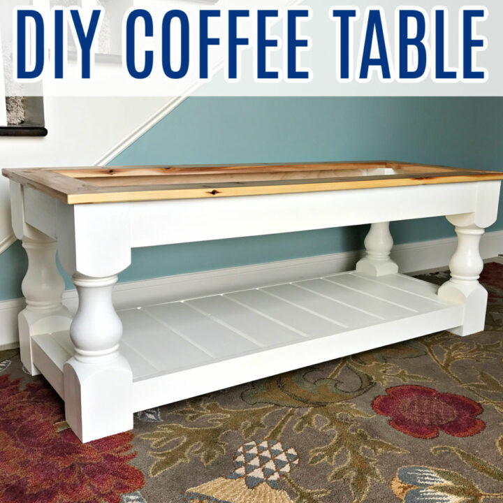 Image of a DIY Coffee Table with a shelf, made with Turned Legs.