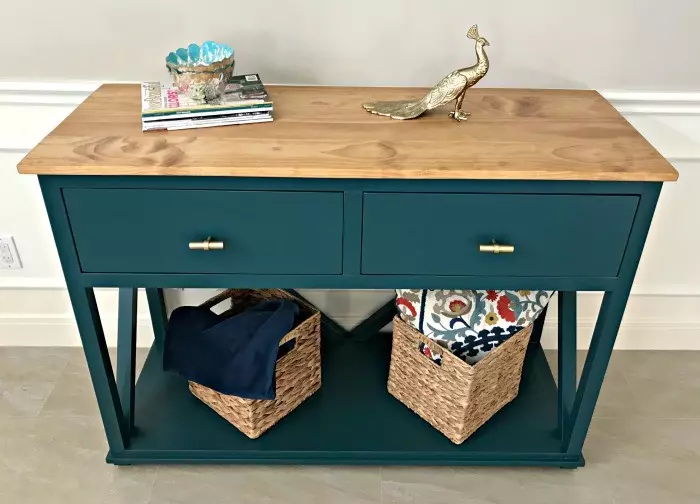 Easy to follow tutorial for a beautiful DIY Console Table Plan with Drawers for extra storage in an Entry, Dining Room, or Living Room!  Step by Step Kreg Jig Pocket Hole build with printable plans available. Easy enough for beginner woodworkers.