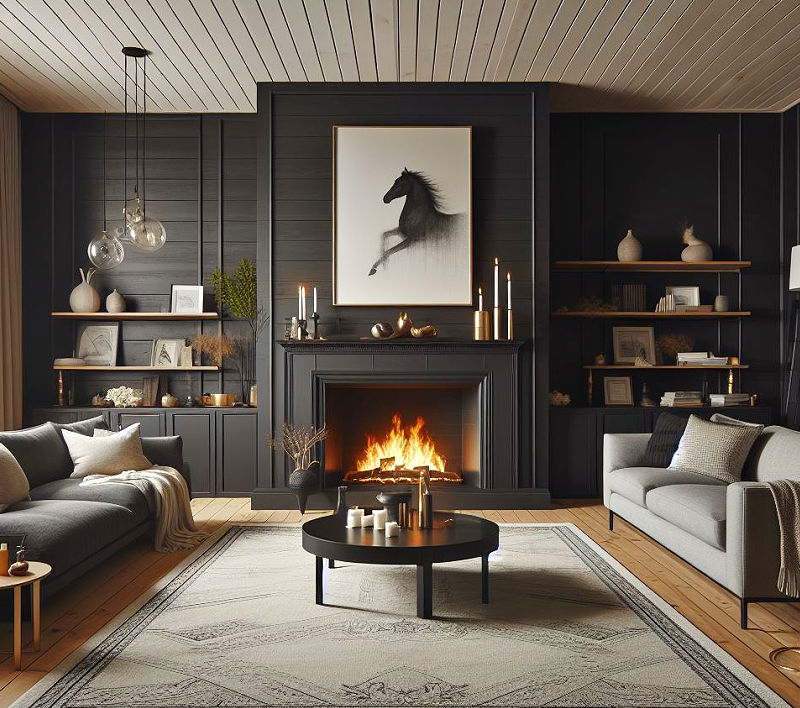 Black shiplap fireplace wall ideas for living rooms.