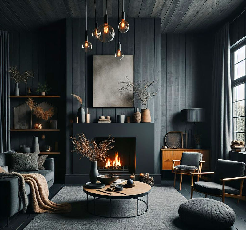 Black shiplap fireplace wall ideas for living rooms.