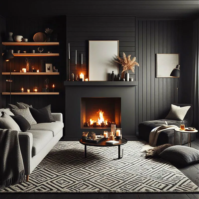 Black shiplap fireplace wall ideas for living rooms.