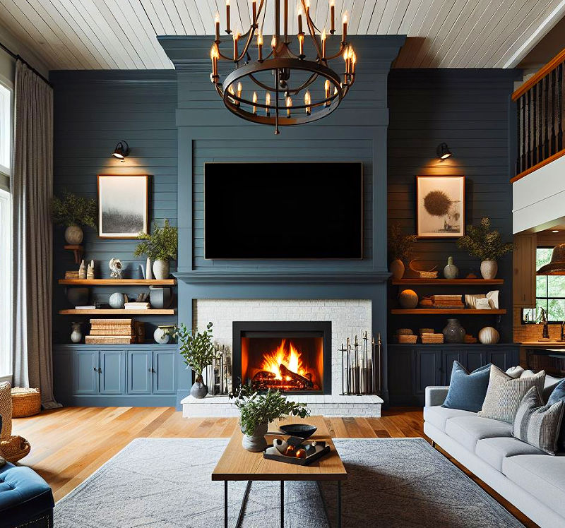 Beautiful shiplap fireplace with tv above the mantel.