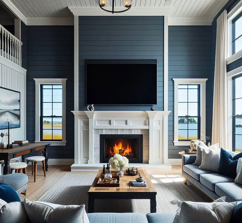Beautiful shiplap fireplace with tv above the mantel.