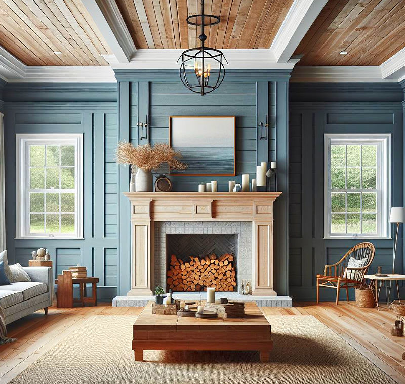 Blue shiplap fireplace wall idea with shiplap above fireplace mantel.