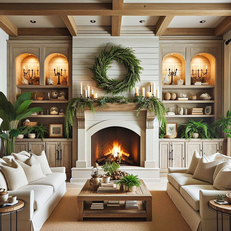 Grey Shiplap Fireplace Wall in a living room with built ins and greenery.