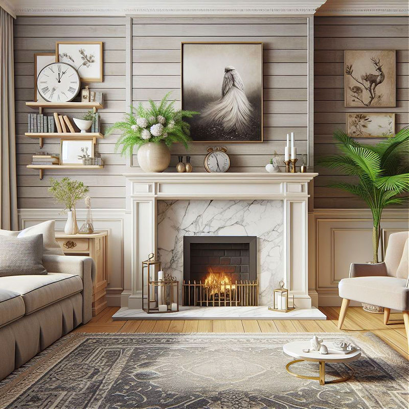 Grey Shiplap Fireplace Wall in a living room with built ins and greenery.