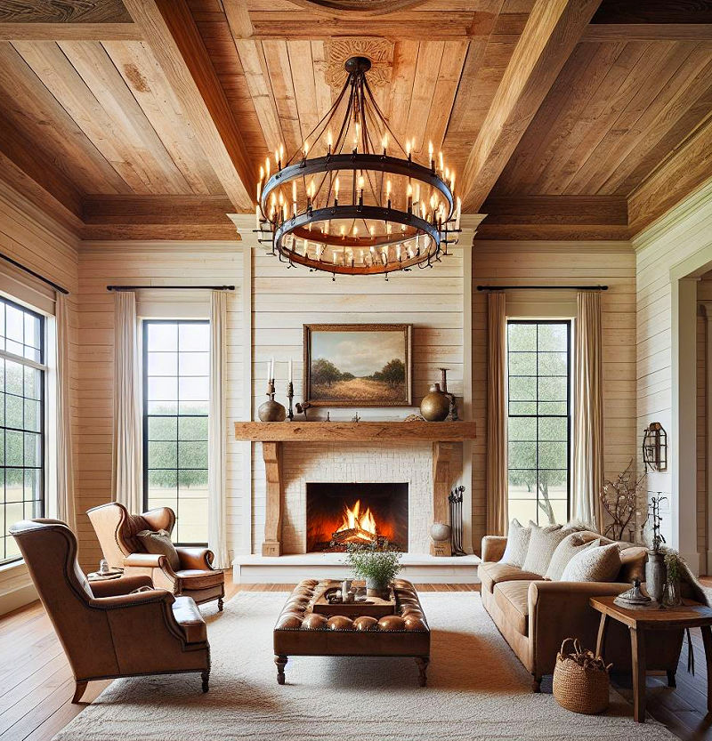Stained wood ceiling with white shiplap over fireplace mantel in a southwestern style home.