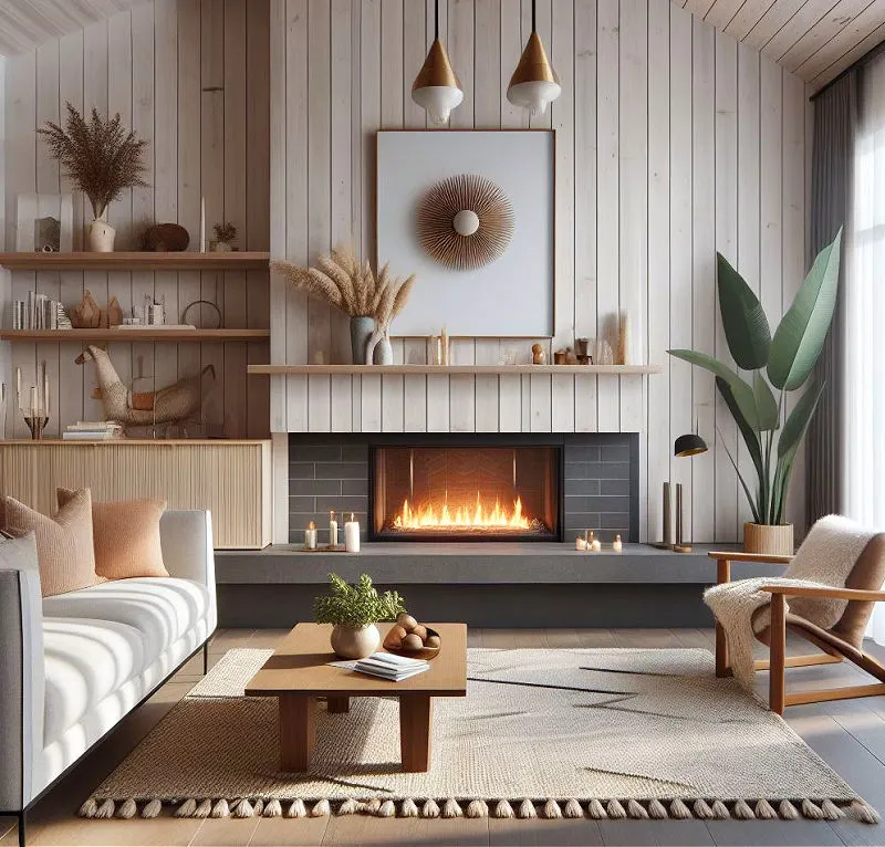Modern cabin with shiplap above fireplace mantel.
