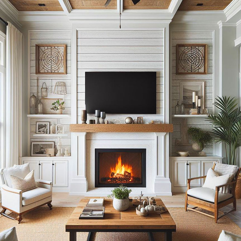 Beautiful shiplap fireplace with tv above the mantel.