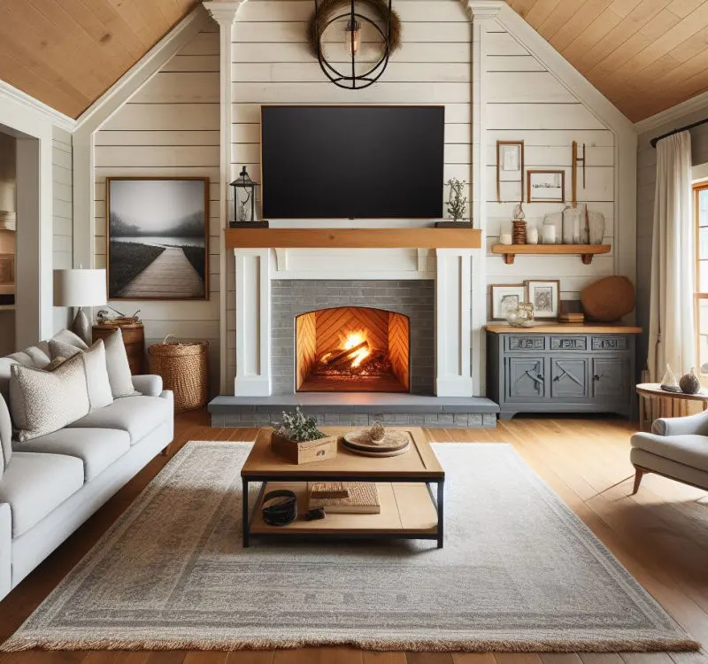 Beautiful shiplap fireplace with tv above the mantel.