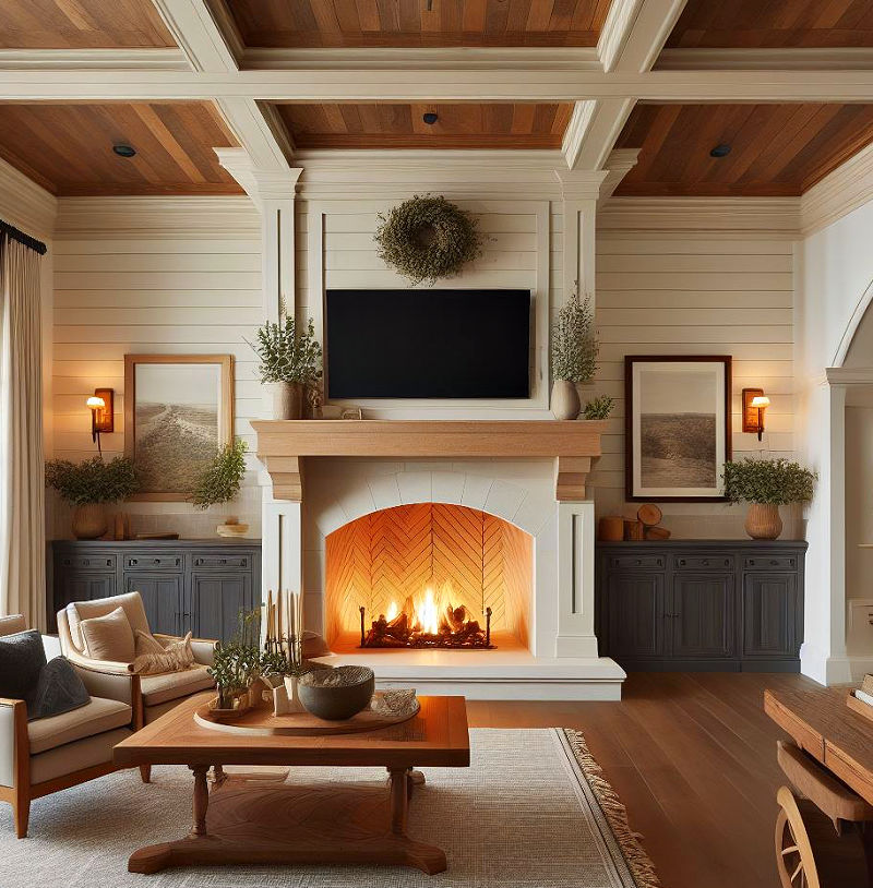 Beautiful shiplap fireplace with tv above the mantel.